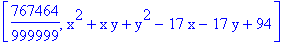 [767464/999999, x^2+x*y+y^2-17*x-17*y+94]